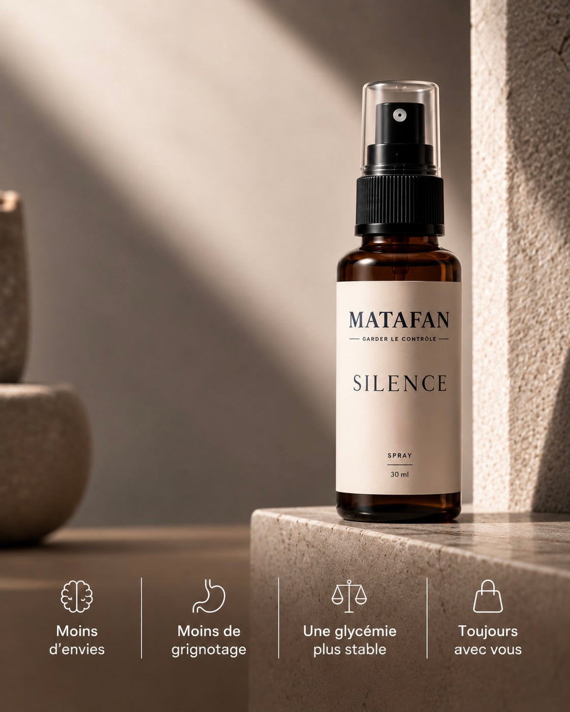 SILENCE · SPRAY ANTI-SUCRE · MÉNOPAUSE